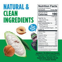 An illustration of a cacao pod and hazelnuts with “Natural & Clean Ingredients” and Nutrition Facts panel.