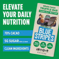 Blue Stripes Hazelnut Butter Whole Cacao Truffle Bar packaging with benefits: 70% cacao; 5g sugar per 1/2 bar; Clean ingredients.