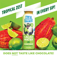 Blue Stripes Lime Cacao Water bottle with whole cacao pods and limes on a green background.