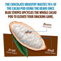 Cacao pod diagram with text about Blue Stripes using the whole cacao pod to elevate your daily nutrition.