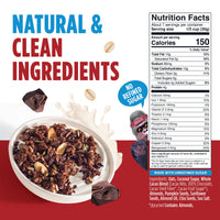 Blue Stripes Granola carousel image highlighting "Natural & Clean Ingredients" and "No Refined Sugar"; Nutrition Facts shown.