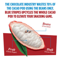 Cacao pod diagram with text about Blue Stripes using the whole cacao pod to elevate your daily nutrition.