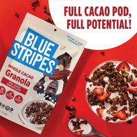 Blue Stripes 70% Dark Chocolate Whole Cacao Granola package with a bowl of granola and yogurt on a red background.