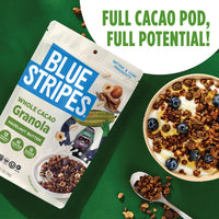 Blue Stripes Hazelnut Butter Whole Cacao Granola package with a bowl of granola and yogurt on a green background.