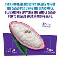 Cacao pod diagram with text about Blue Stripes using the whole cacao pod to elevate your daily nutrition.