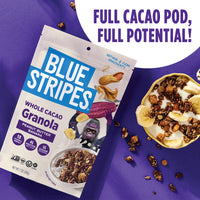 Blue Stripes Peanut Butter Banana Whole Cacao Granola package with a bowl of granola and yogurt on a purple background.