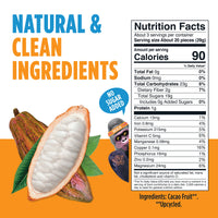 Cacao fruit illustration with “Natural & Clean Ingredients” and a Nutrition Facts panel.