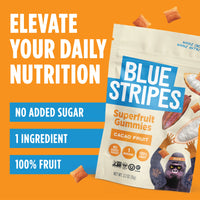 Blue Stripes Superfruit Gummies packaging on an orange background with text highlighting health benefits: No added sugar; 1 ingredient; 100% fruit.