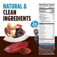 Product packaging with ingredients list, nutrition facts, and health claims on a brown background.