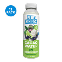 Bottle of Blue Stripes Lime Cacao Water with a 12-pack label on a white background.