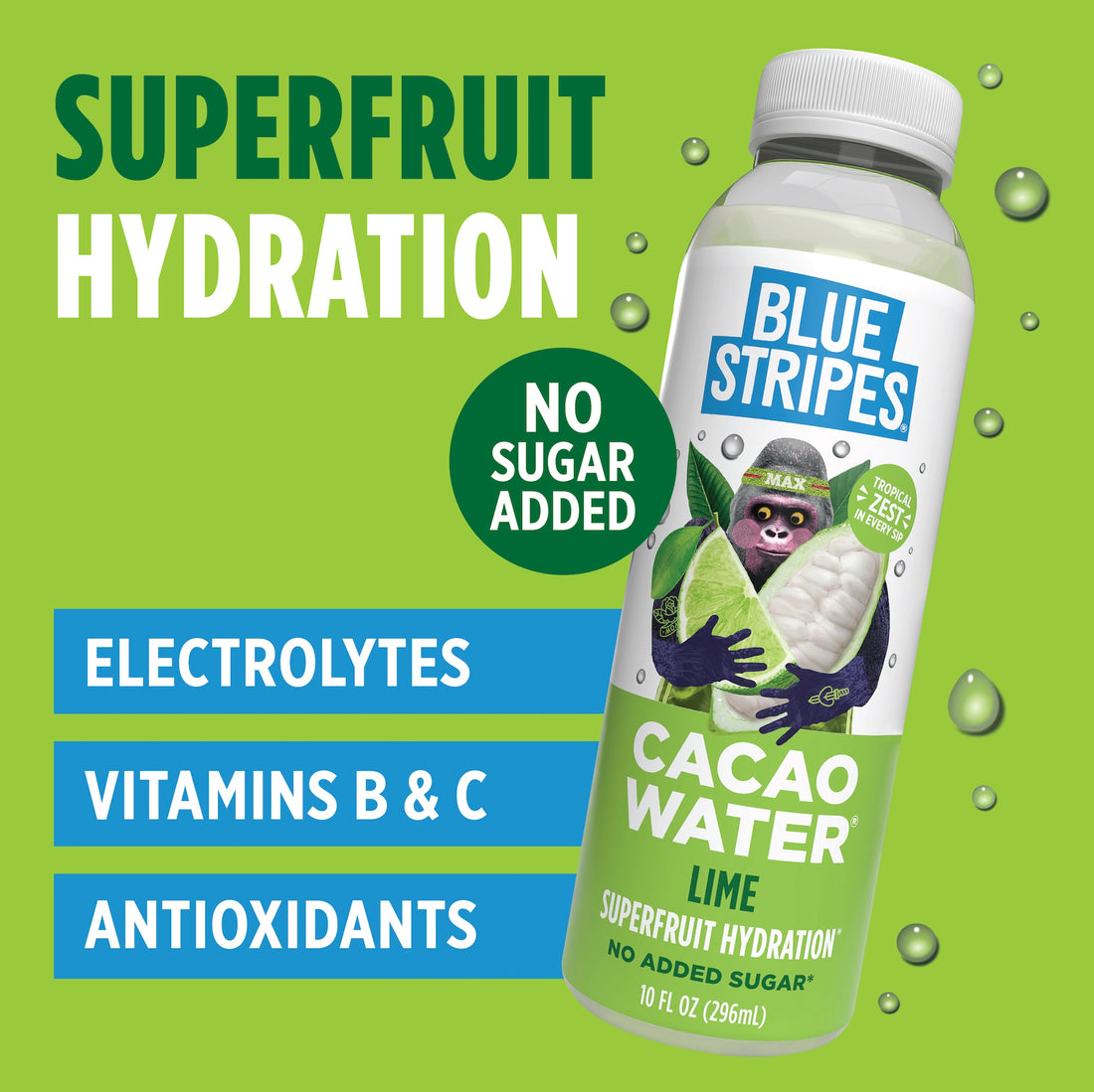 Blue Stripes Lime Cacao Water "Superfruit Hydration" benefits: Electrolytes; Vitamins B & C; Antioxidants.