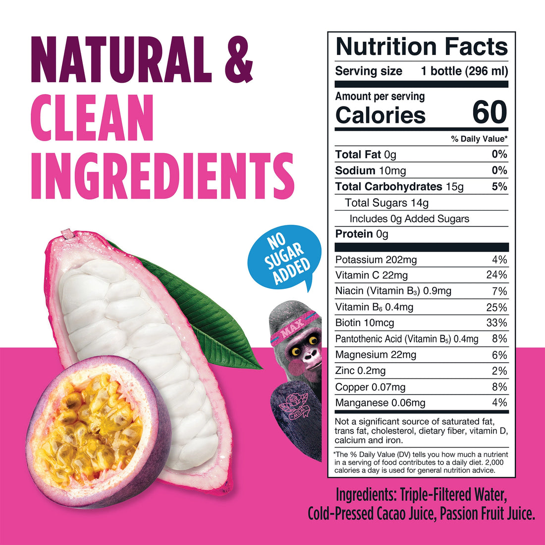 Blue Stripes Cacao Water carousel image highlighting "Natural & Clean Ingredients" and "No Sugar Added"; Nutrition Facts shown.