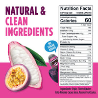 Blue Stripes Cacao Water carousel image highlighting "Natural & Clean Ingredients" and "No Sugar Added"; Nutrition Facts shown.