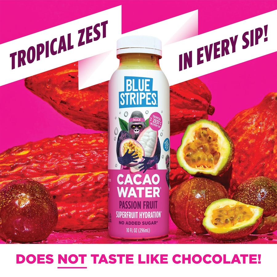 Blue Stripes Passion Fruit Cacao Water bottle with cacao pods and passion fruits on a pink background.
