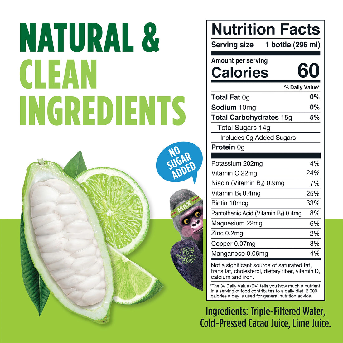 Blue Stripes Cacao Water carousel image highlighting "Natural & Clean Ingredients" and "No Sugar Added"; Nutrition Facts shown.
