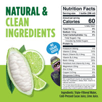 Blue Stripes Cacao Water carousel image highlighting "Natural & Clean Ingredients" and "No Sugar Added"; Nutrition Facts shown.
