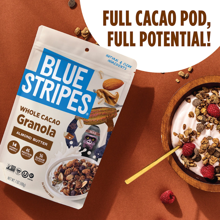 Blue Stripes Whole Cacao Granola - 70% Dark Chocolate, Gluten Free, 5g Protein, Low Sugar (8 Oz, 2 Pack)