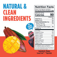 Cacao fruit and mango illustration with “Natural & Clean Ingredients” and a Nutrition Facts panel.