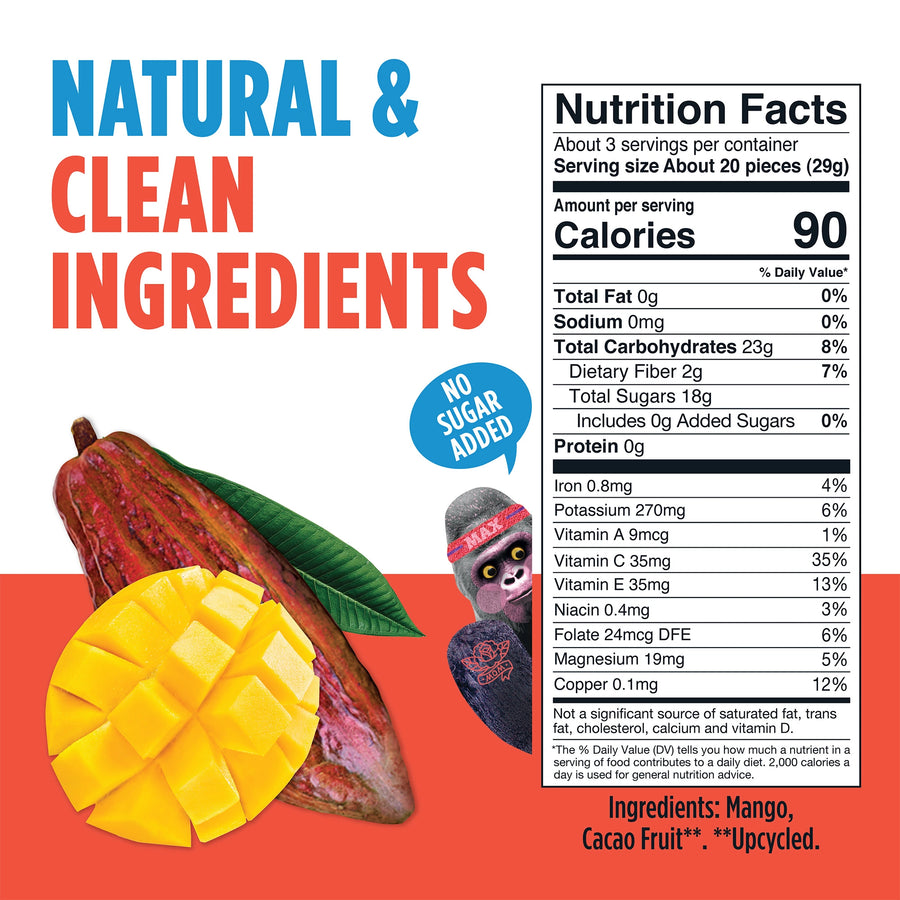 Cacao fruit and mango illustration with “Natural & Clean Ingredients” and a Nutrition Facts panel.