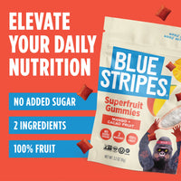 Blue Stripes Mango Superfruit Gummies packaging on a red background with text highlighting health benefits: No added sugar; 2 ingredients; 100% fruit.