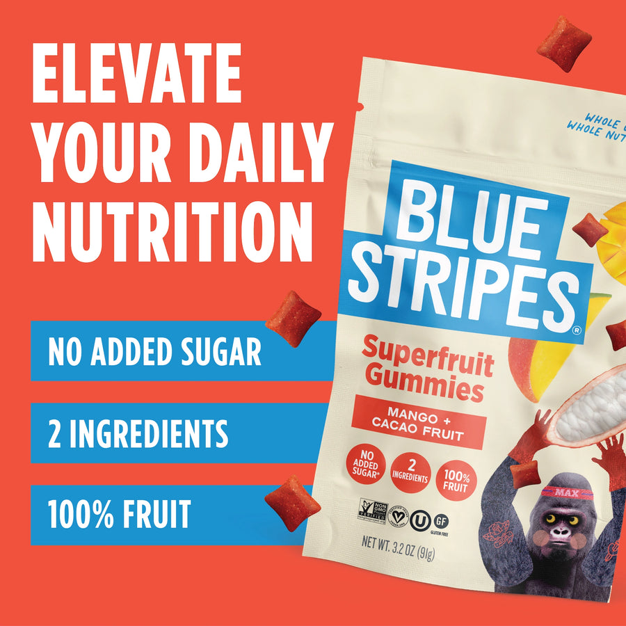Blue Stripes Mango Superfruit Gummies packaging on a red background with text highlighting health benefits: No added sugar; 2 ingredients; 100% fruit.
