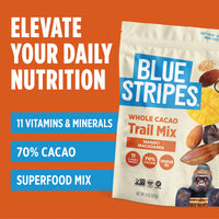 Blue Stripes Mango Macadamia Whole Cacao Trail Mix packaging with benefits: 11 vitamins & minerals; 70% cacao; Superfood mix.