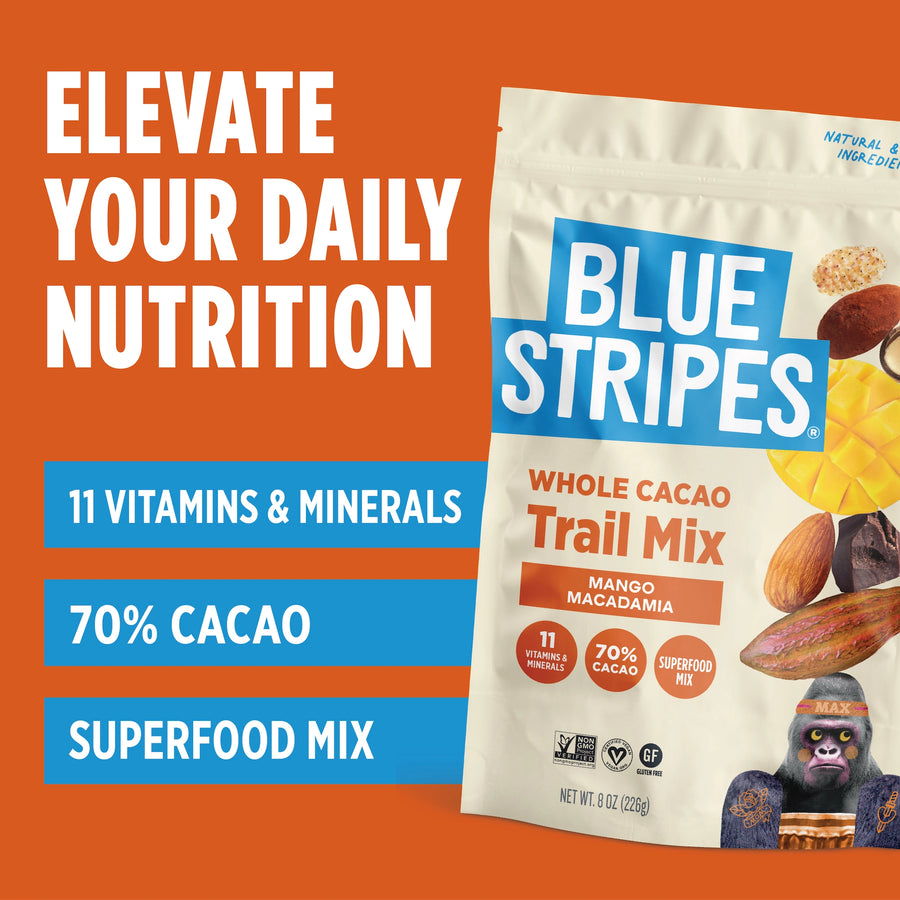 Blue Stripes Mango Macadamia Whole Cacao Trail Mix packaging with benefits: 11 vitamins & minerals; 70% cacao; Superfood mix.