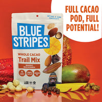 Blue Stripes Mango Macadamia Whole Cacao Trail Mix package with a cacao pod, mango, macadamia nuts, mulberries, and dark chocolate chips.