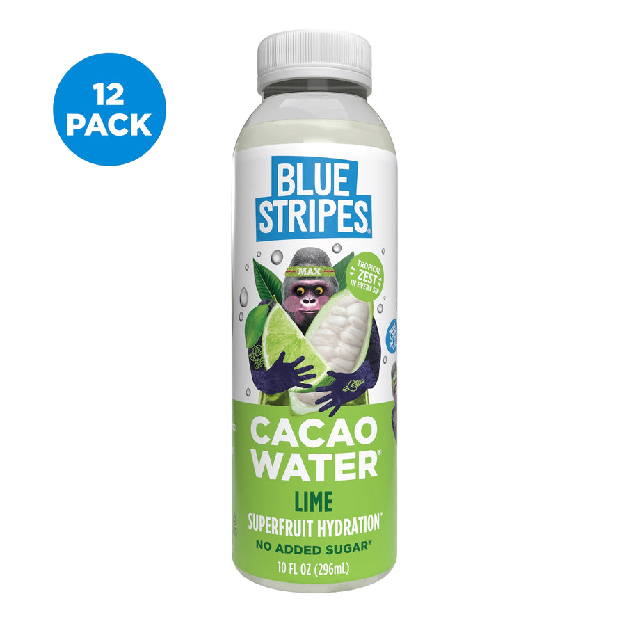 Bottle of Blue Stripes Lime Cacao Water with a 12-pack label on a white background.