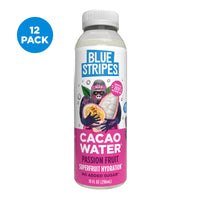Bottle of Blue Stripes Passion Fruit Cacao Water with 12 pack label.