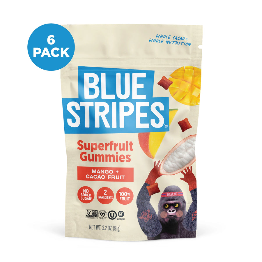 Packaging of Blue Stripes Superfruit Gummies, Mango + Cacao fruit flavor, with 6 pack label